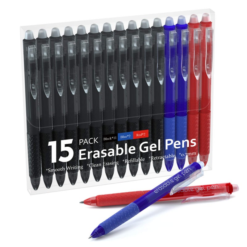 Lineon Erasable Gel Pens, 15 Pack Retractable Erasable Pens Clicker, Fine Point, Make Mistakes Disappear, 11 Black 2 Blue 2 Red Inks for Writing Planner and Crossword Puzzlesâ€¦ - Image 1
